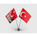 Punto Dizayn Gazi Mustafa Kemal Atatürk ve Türk Bayrağı Ikili Saten Masa Bayrağı Takımı