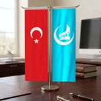 Punto Dizayn Mavi Hilal Bozkurt ve Türk Bayrağı Kırlangıç T Tipi Masa Bayrak Takımı