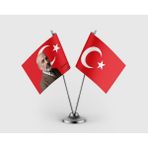 Punto Dizayn Mehmet Akif Ersoy ve Türk Bayrağı Ikili Saten Masa Bayrağı Takımı
