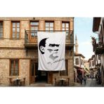 Punto Dizayn Siyah - Beyaz Mustafa Kemal Atatürk Silüeti ve Imza Poster Bayrak Premium Raşel Kumaş 300X450CM ATA27
