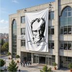 Punto Dizayn Siyah - Beyaz Mustafa Kemal Atatürk Silüeti ve Imza Poster Bayrak Raşel Kumaş 6x9 Metre ATA28
