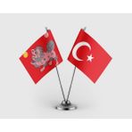 Punto Dizayn Tibet Imparatorluğu ve Türk Bayrağı Ikili Saten Masa Bayrağı Takımı