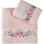 Pupilla Collection Eva Penye Nakışlı 2'li Banyo Havlu Seti (50*90+70*140) Tomurcuk Desen - Pembe - 50 x 90 cm