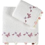 Pupilla Collection Sıla Ponponlu Penye 2'li Banyo Havlu Seti (50*90+70*140) Kelebek Desen - Ekru - 50 x 90 cm