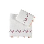 Pupilla Collection Sıla Ponponlu Penye 2'Li Banyo Havlu Seti (50*90+70*140) Kelebek Desen - Ekru