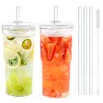 Puraville 2 Paket 20 oz Kapaklı ve Pipetli Cam Bardaklar, Mason Kavanoz İçme Bardakları Buzlu Kahve Fincanı, Uzun İçecekler için Cam Bardak Smoothie Kupası