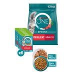 PURINA ONE Sterilcat Sığır Eti Buğday Kısır Kedi Maması 9.75kg + Hindili Yaş Kısır Kedi Maması 6x85g