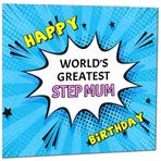 Purple Fox Üvey anne için doğum günü kartı – World's Greatest – çizgi roman pop art tarzı üvey anne için doğum günü kartı