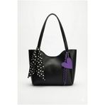 PurpleART Kadın Siyah Tote Çanta Mor Charm Hediyeli Shopper Omuz Çantası 33x23x9cm