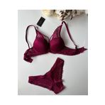 Push-up Dantelli Balenli Taşlı Bordo - Siyah İp Detaylı Sütyen Külot Takım (Bordo, 75B)