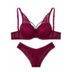 Push-up Dantelli Balenli Taşlı Bordo - Siyah İp Detaylı Sütyen Külot Takım (Bordo, 80B)