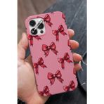 Q Aksesuar İphone 16 Plus Uyumlu Kırmızı Kurdele Tasarımlı Şeker Pembe Premium Telefon Kılıfı
