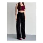 Q04DENİM Kadın Siyah Ön Pileli Yüksel Bel Likralı Wide Leg Palazzo Jean