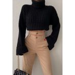 Qaju Kadın Crop Balıkçı Yaka Dokulu Triko Kazak-Siyah - Standart