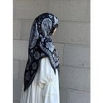 Qalortex Scarf Pamuklu Flora Desen Eşarp-Siyah/Gri