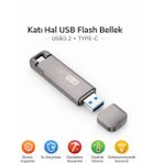 Qasul 512GB Flash Bellek, USB 3.2 + Type-C, 500MB/S Okuma, 450MB/S Yazma Hızı, Çift Bağlantı Noktalı, Darbeye Dayanıklı, Anti Manyetik, Sıcaklığa Dayanık - 512 GB - Gri Metal