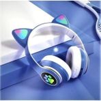 Qasul Mavi Sevimli Kedi LED Işıklı Katlanabilir Kablosuz Kulaküstü Bluetooth Kulaklık Uyumlu