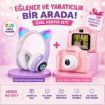 Qasul Rgb Işıklı Kedi Kulaklı Bluetooth Kulaklık + Çocuk Dijital Fotoğraf Makinesi Hediye Seti - Pembe - Mor