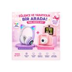 qasul RGB Işıklı Kedi Kulaklı Kulaklık ve Çocuk Dijital Fotoğraf Makinesi Seti Eğitici Oyuncak Hediye Seti