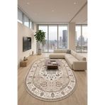 Qatalina Premium Bej Vintage Etnik Desenli Halı Kaymaz Taban Yıkanabilir Modern Salon Halısı-OVAL