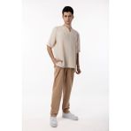 Qaviya Erkek Krem / Bej V Yaka Düşük Omuz Pamuklu Oversize Tişört / Bluz - XL