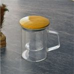 Qer Home Bambu Kapaklı Borosilikat Cam Süzgeçli Cam Kupa 450 ml Uzun - 1 Adet - 350 ml