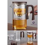 Qerhome Borosilikat Cam Ahşap Kapak ve Sap Detaylı Mıknatıs Özellikli Lüks Bitki Çayı Demliği 520 Ml