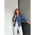 Qimene Kadın Iri Cepli Beli Büzgülü Bol Yakalı Varaklı Oversize Mont - Lacivert