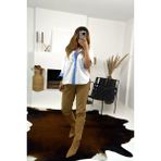 Qimya Butik Bebe Plus Kadın Biyeleri Çizgili Sırtı Kontras Oversize Poplin Gömlek - Ekru - Mavi