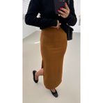 Qimya Butik Chamakh Kadın Beli Lastikli Derin Yırtmaçlı Süet Uzun Kalem Etek - Camel