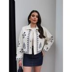 Qimya Butik Levure Kadın Etnik ve Çiçek Nakışlı Çıtçıtlı Bol Kalıp Gabardin Ceket - Ekru - Lacivert