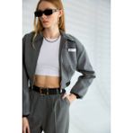 Qimya Butik Robin Kadın Astarlı Kolu Eteği Lastikli Kumaş Crop Mont - Gri - 38