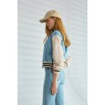 Qimya Butik Robin Kadın Kolları Kumaş Ön ve Arkası Jean Bomber Mont - Lacivert - Taş - 40