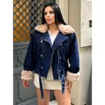 Qimya Butik Sagi Kadın Manşet & Yaka Kürk Detaylı Metal Düğme Çapraz Fermuarlı Içi Full Kürklü Kot Mont - Standart - Lacivert - Taş