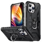 QINOUK Apple iPhone 14 Pro Max için Kılıf, [Kickstand] Sert PC ve Yumuşak TPU, Metal Halkalı Dört Köşe Hava Yastığı Koruma Kılıfı, Manyetik Araba Montajı Desteği, iPhone 14 Pro Max-Siyah için