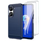QINOUK Kılıf Asus Zenfone 9, [Darbeye Dayanıklı][Parmak izi Önleyici] Fırçalanmış Doku Tasarımı, TPU Esnek Malzeme Kılıf [2'li Paket] Temperli Cam Ekran Koruyucu Asus Zenfone 9 ile Uyumlu - Mavi