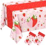 QISOLIY 2'li Paket Çilek Masa Örtüsü, Pembe Çilek Sevimli Tek Kullanımlık Plastik Su Geçirmez Masa Örtüsü 137,2 cm x 274,3 cm Kızlar için Sweet One Doğum Günü, Düğün, Gelin Duşu, Parti, Piknik 137 ×