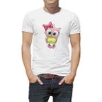 Qivi Baykuş Kız Pembe Baskılı Beyaz Erkek Örme Tshirt - XS