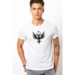 Qivi Göktürk Türk Selçuklu Kartalı Baskılı Beyaz Erkek Örme T-shirt