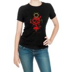 Qivi Kurukafa Oraak Balık Baskılı Siyah Örme Kadın T-shirt