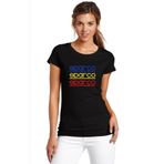 Qivi Sparco Logo Mavi Sarı Kırmızı Baskılı Siyah Kadın Örme T-shirt