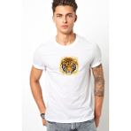 Qivi Turuncu Kaplan Yüz Çizimi Bengal Kaplanı Baskılı Beyaz Erkek Örme T-shirt