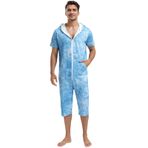 QIYUANT Erkek Günlük Kısa Tulumlar Tek Parça Yaz Fermuarlı Bodysuits Romper Kısa Kollu Tulumlar Cep Fitness Spor Giyim Gecelik Pijama Loungewear, Mavi Batik, XXL