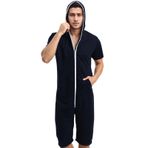 QIYUANT Erkek Günlük Kısa Tulumlar Tek Parça Yaz Tam Fermuarlı Tulum Tulum Kısa Kollu Cepli Tulum Fitness Spor Giyim Gecelik Pijama Loungewear Spor Giysisi Tulum (Mavi M), mavi, M