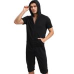 QIYUANT Erkek Günlük Kısa Tulumlar Tek Parça Yaz Tam Fermuarlı Tulum Tulum Kısa Kollu Cepli Tulum Fitness Spor Giyim Gecelik Pijama Loungewear Tulum (Siyah XXL), siyah, XXL
