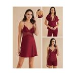 QKK Kadın Bordo Gecelik&Sabahlık&Şortlu Takım&Pijama Takımı 6'lı Saten Gelin Çeyizlik Set