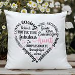 Qoeuyl Boutique Aunt Heart Shape Baskılı Hala Teyze Hediyelik Elyaf Dolgulu Saten Dekoratif Yastık - 28 x 28 cm - Beyaz