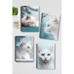 Qoeuyl Boutique Beyaz Kedi Kış Temalı Tasarım Tel Spiralli 4'lü Hatıra, Günlük, Ajanda, Anı, Okul Defter Seti - 001-Renkli - A5 - Çizgili