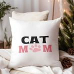 Qoeuyl Boutique Cat Mom Kedi Sever Baskılı Elyaf Dolgulu Hediyelik Yastık - 39 x 39 cm - Beyaz