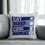 Qoeuyl Boutique Eat Sleep Code Repeat Yazılımcı Baskılı Elyaf Dolgulu Hediyelik Yastık - 28 x 28 cm - Mavi